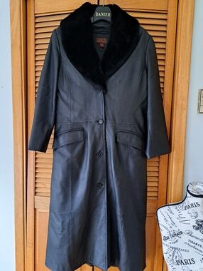 Danier Black Leather Long Coat with Black Faux Fur Collar All Season